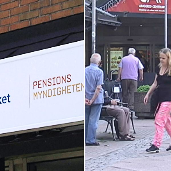 Bild på skylt med Skatteverket och Pensionsmyndigheten samt bild från torget i Angered, några människor är ute, det är sommar.