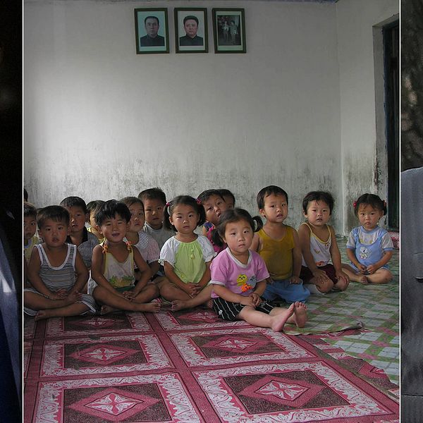 DOnald Trump, Kim Jong-Un och barn på statligt barnhem i Anju City, Nordkorea