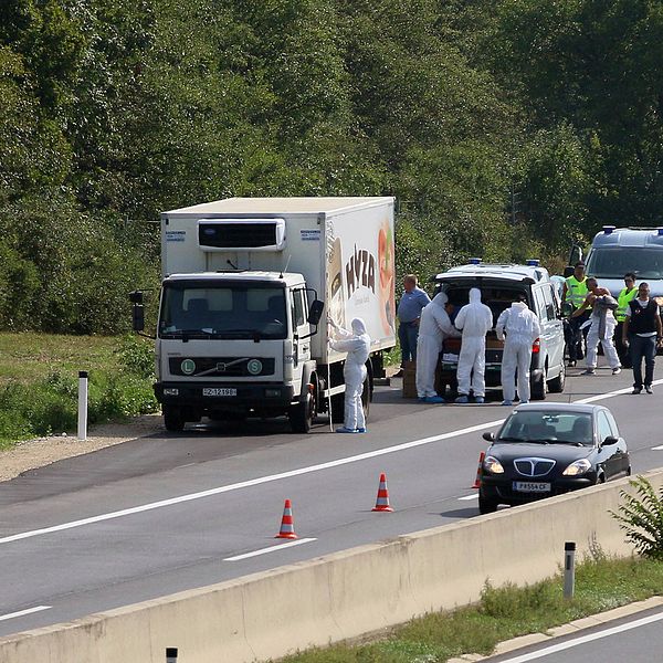 Österrikisk polis hittar de döda kropparna i kylbilen strax söder om Wien, 27 augusti 2015.