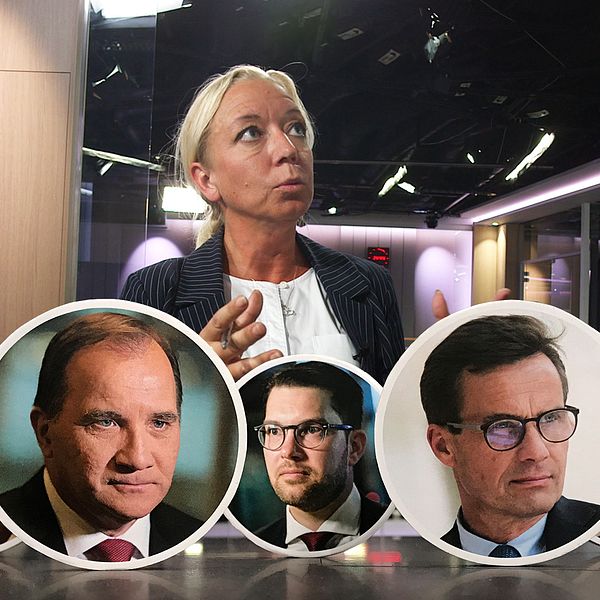Alla riksdagspartiledare på rad. I bakgrunden SVT:s politikreporter Elisabeth Marmorstein.