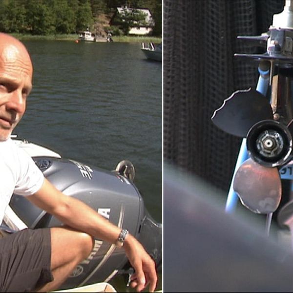 Till vänster en man i vit tröja som sitter i en båt vid vatten och till höger en motor med trasig propeller.