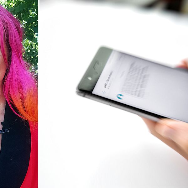 Kvinna med regnbågsfärgat hår. Mobiltelefon med meddelande.