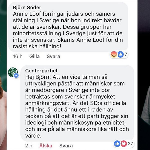 Annie Lööf, Björn Söders kommentar på Centerpartiets Facebook-sida, Björn Söder