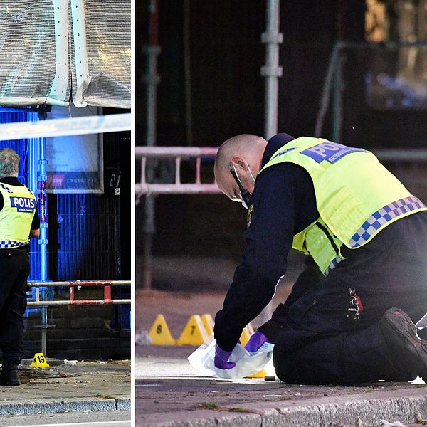 Polisens tekniker på plats vid det kafét i Malmö, där skottlossningen ägde rum på måndagskvällen.