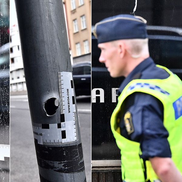 Många skotthål på Drottninggatan i centrala Malmö. Just det att gäng öppnade automateld på öppen gata ser kriminologen som särskilt allvarligt.