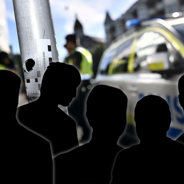 Sex anonyma silhuetter framför poliser i Malmö