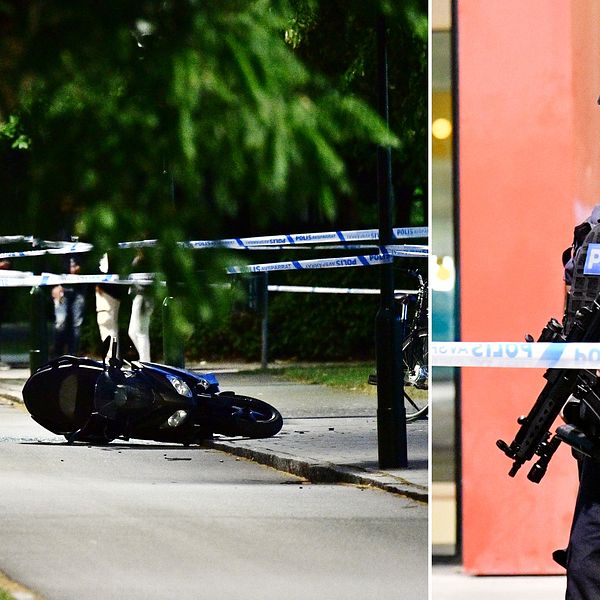 En moped innanför polisens avspärrningar. Beväpnad polis.