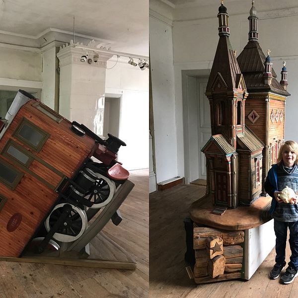 Två av Åberg-verken som nu ställs ut i gamla Rådhuset på Murberget. Till höger ”Ryska kyrkan” där museichefens son Eyvind fungerar som jämförelseobjekt.