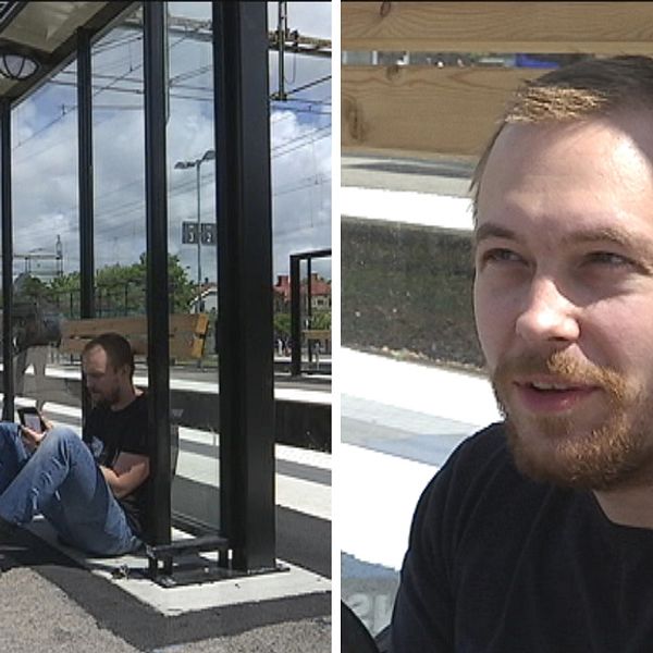 Väderskydd på Varbergs tågstation och resenären Daniel Karlsson.