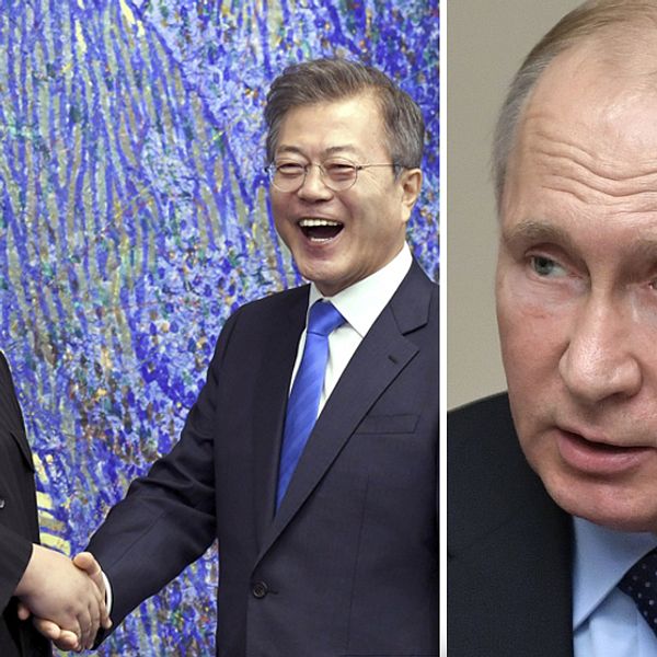 De koreanska ledarna som skakar hand. Och en bild på Putin.