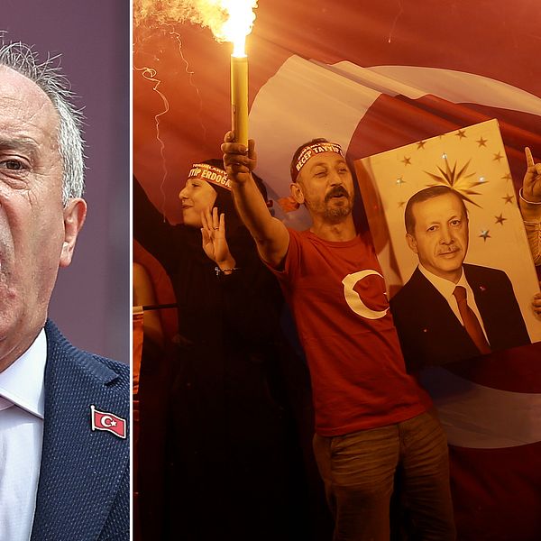 Till vänster Muharrem Ince under ett av sina sista framträdanden under valrörelsen. Till höger Recep Tayyip Erdogans anhängare som firar valresultatet.