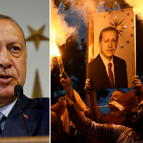 Till vänster Recep Tayyip Erdoğans när han utropade sig till valsegrare. Till höger hans supportrar som firar.