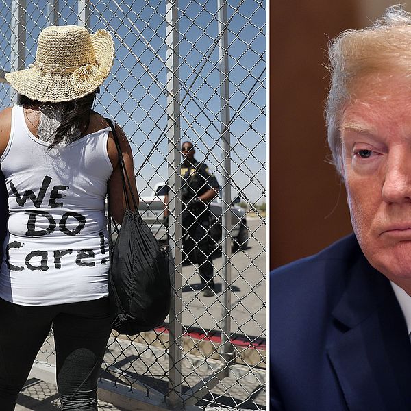 En kvinna med texten ”Vi bryr oss” på ryggen, som en tydlig referens till presidentfrun Melania Trumps jacka som hon bar då hon besökte mexikanska gränsen häromdagen. Och Donald Trump.