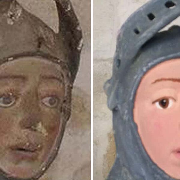 1500-tals statyn föreställande Sankt Göran före och efter den nu kritiserade ”restaureringen”