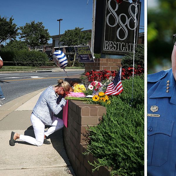 Polischefen Timothy Altomore uttalade sig under fredagen om dödsskjutningen på en tidningsredaktion i Annapolis, Maryland – utanför vilken många personer sörjde dagen efter attacken.