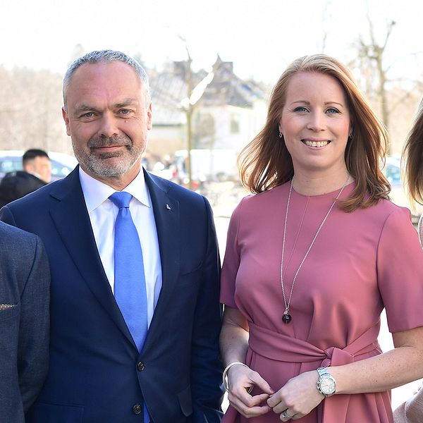 Alliansens partiledare Ulf Kristersson (M), Jan Björklund (L), Annie Lööf (C) och Ebba Busch Thor (KD) under ett besök i april på Sjödalsgymnasiet i Huddinge.