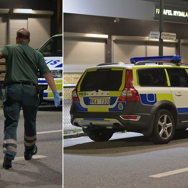 Ambulanspersonal som anländer till platsen och en polisbil.