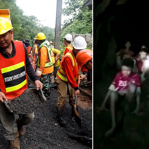 Människor som arbetar med räddningen av pojkarna. Och en bild på pojkarna där de sitter fast i gruvan.