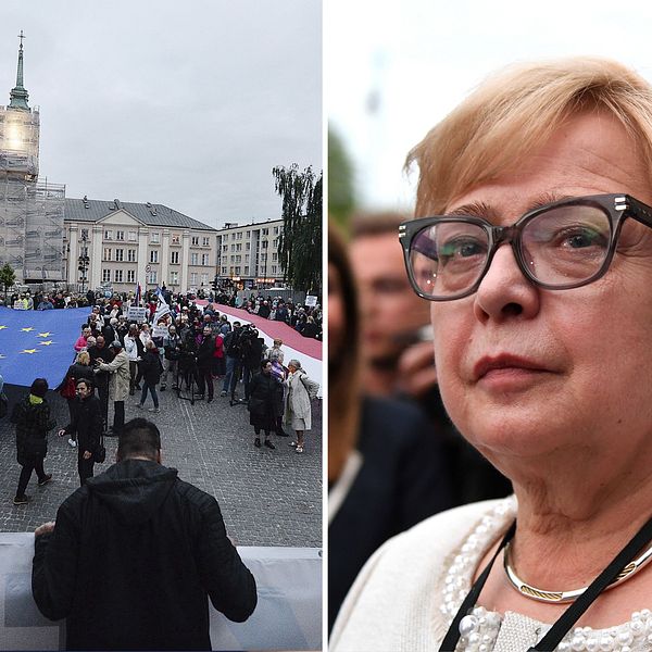 Protester i Polen mot rättsreformen samt bild på polska chefsdomaren Malgorzata Gersdorf.