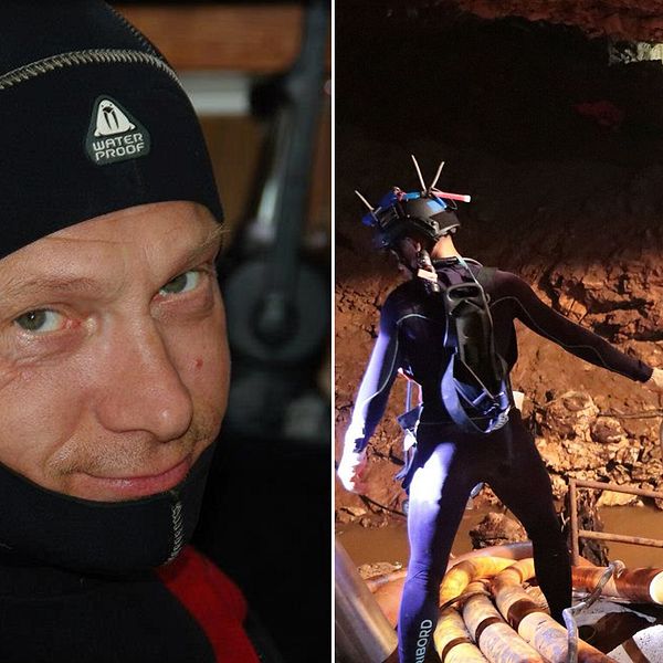 Grottdykarinstruktören Stefan Hogeborn och en bild på några dykare vid grottan i Thailand.