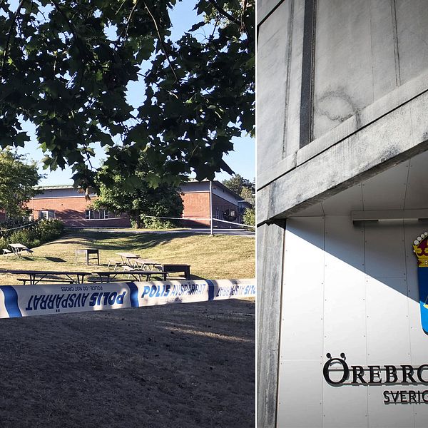 Till vänster en bild på polisavspärrningar i Vivalla efter skottlossning. Till höger en exteriörbild på Tingsrätten i Örebro.