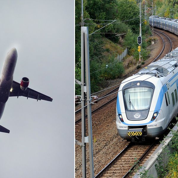 Ett flygplan i luften, sammansatt med ett tåg.