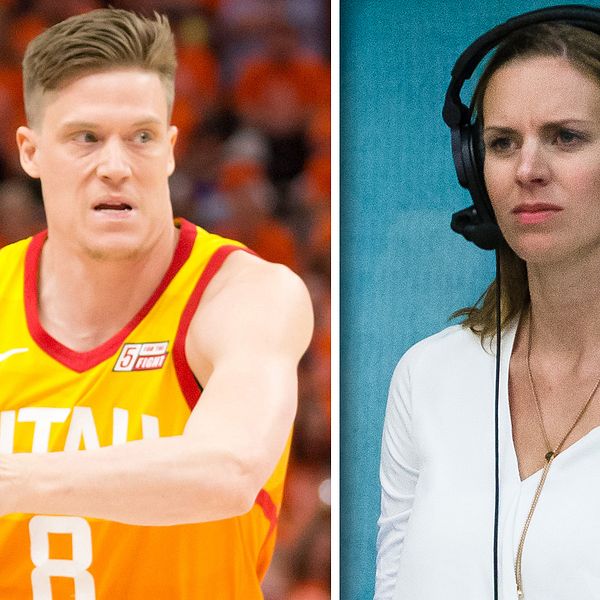 NBA-svensken Jonas Jerebko (vänster) och SVT:s basketexpert Elisabeth Egnell (höger).