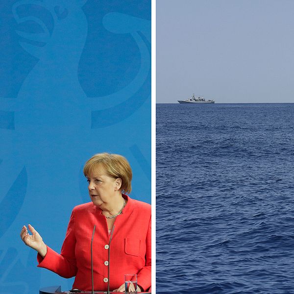 Italiens premiärminister Giuseppe Conte och Tysklands förbundskansler Angela Merkel samt en bild på en båt Medelhavet