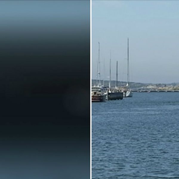 En tvådelad bild. Till vänster är bilden blå, med en mörkare skugga i mitten. Till höger föreställer den ett hamninlopp med segelbåtar på båda sidor och klippor vid horisonten.
