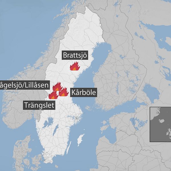 Karta över de fyra värsta bränderna i Sverige.