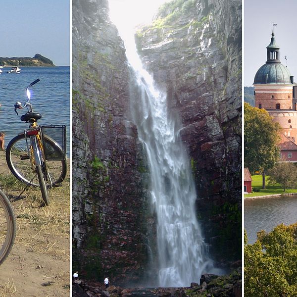 Gula cyklar vid vattnet, ett forsande vattenfall och ett slott vid vattnet omringat av träd.