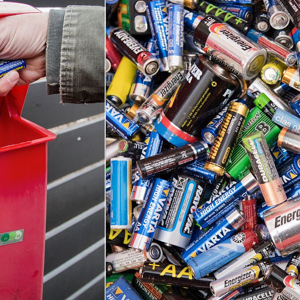 Batterier i en hög samt en person som lägger batterier i en låda.