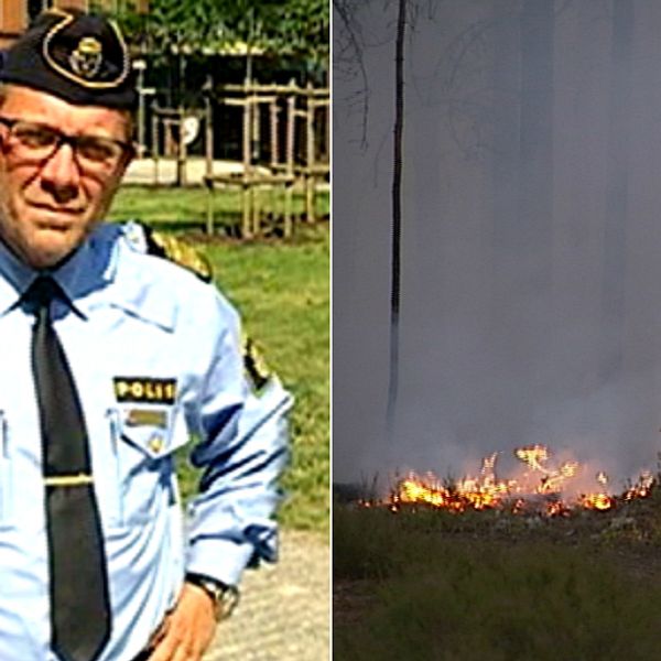 En bild på Robert Karlsson, tillförordnad regionpolischef, och en skogsbrand.