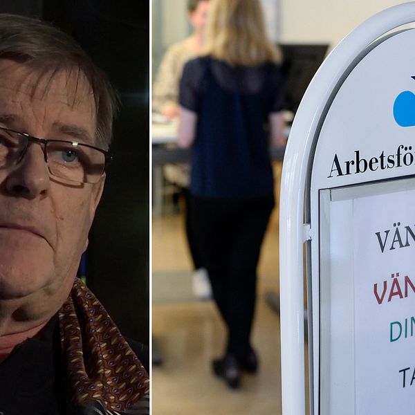 Lasse Reuterberg och en bild från skylt på Arbetsförmedlingen där det står ”Vänligen vänta på din tur tack”.