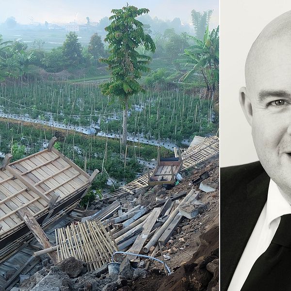 ”Jag låg och sov och vaknade av att hela rummet skakade”, säger svenske Carl Höglund som befinner sig på Bali. Till vänster förödelsen på grannön Lombok som drabbades hårt av jordskalvet natten till söndagen.
