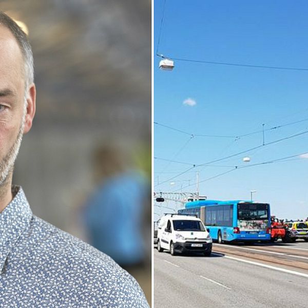 En bild på Kristian Lans och på en buss.