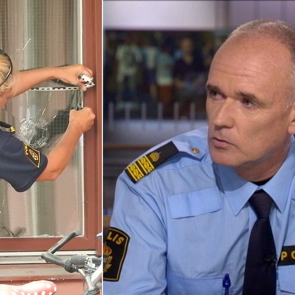 Till vänster en polis vid ett skotthål i ett fönster. Till höger Martin Lundin i SVT:s studio.