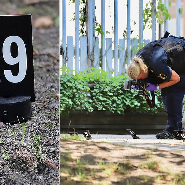 Till vänster en kula på marken där mannen sköts. Till höger en bild på en polis som fotar bevisföremålen.