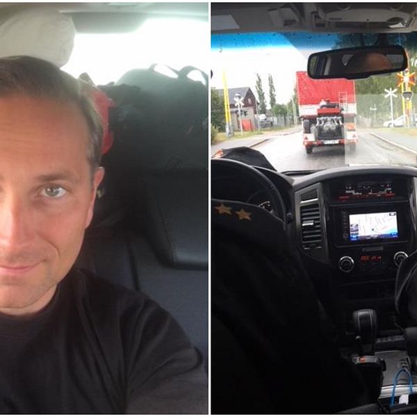 Michael Langner i en polsk brandbil på väg genom Sverige