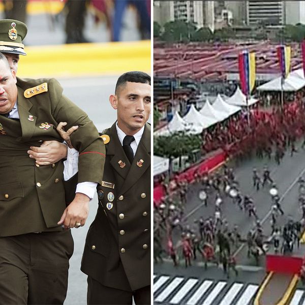 Bild på blodig militöär som förs bort samt bild på när folkmassan skingras efter explosionsljud i Venezuela.