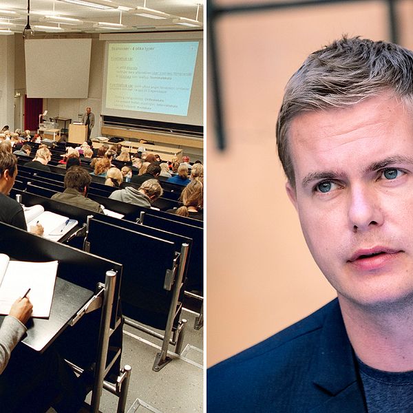 Delad bild: Först på studenter som sitter och lyssnar på en föreläsning, samt en bild Miljöpartiets språkrör Gustav Fridolin.