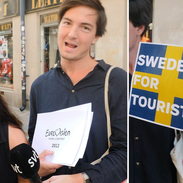 En turist från Israel, SVT:s reporter Torbjörn Averås Skorup och en skylt med texten ”Sweden quiz for tourists”