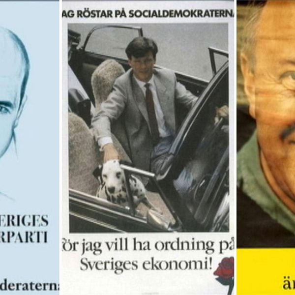 Från vänster: Moderaternas affisch 2010, Socialdemokraternas affisch från 1985 och Centerpartiets affisch från 1998.