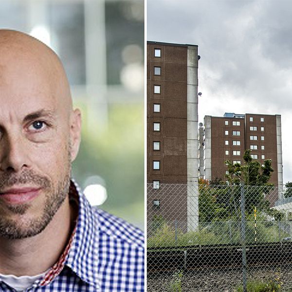 Foto på forskare Patrik Öhberg samt foto på husbyggnader och en tågräls i Fittja