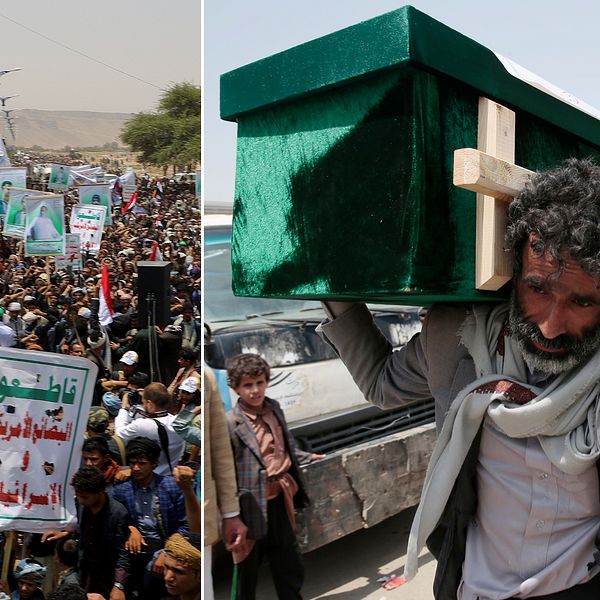 En man som bär en kista. Tusentals människor som samtidigt protesterar mot attacken i Jemen.