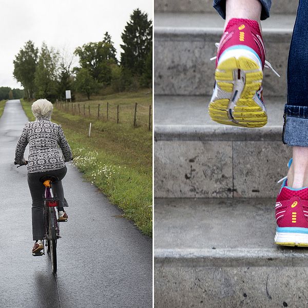 Delad bild: Först två personer som cyklar, samt en bild på en person som går upp för en trappa.