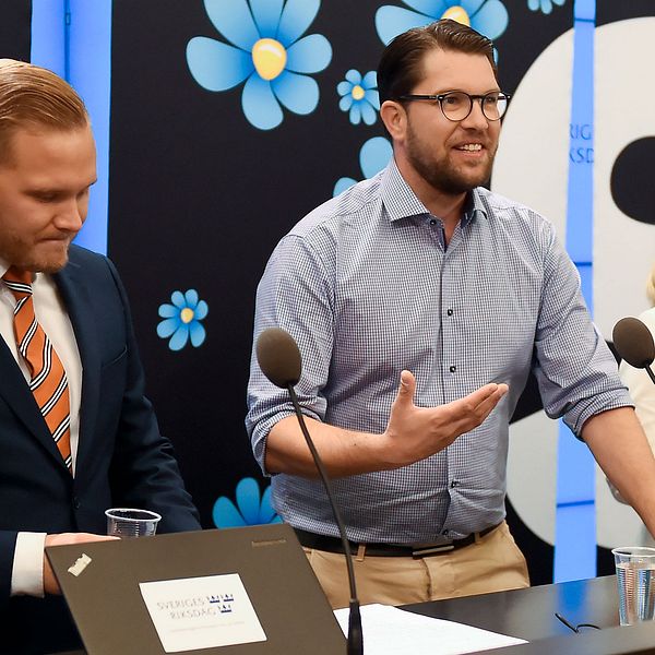 Foto på Jimmie Åkesson och partiets nya talespersoner Henrik Vinge och  Ebba Hermansson.