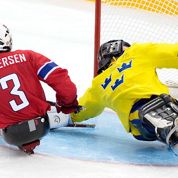 Svenska kälkhockeylandslaget hade hopp om medalj, men slutade på sista plats i turneringen. På bilden: Norges Rolf Einar Pedersen och svenska målvakten Ulf Nilsson.
