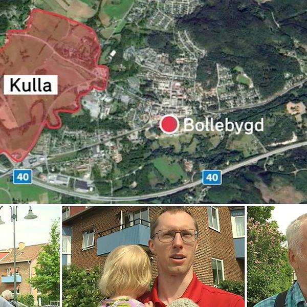 fyrbild: karta över bollebygd med byggområdet rödmarkerat samt tre porträtt på invånare
