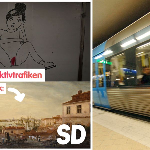 På vänster bild syns en del ur Liv Strömquists bildserie ”The Night Garden” från Slussens tunnelbanestation samt Johan Sevenboms målning ”Utsikt från Brunnsbacken över Saltsjön”. På höger bild syns en tunnelbana i Slussen.
